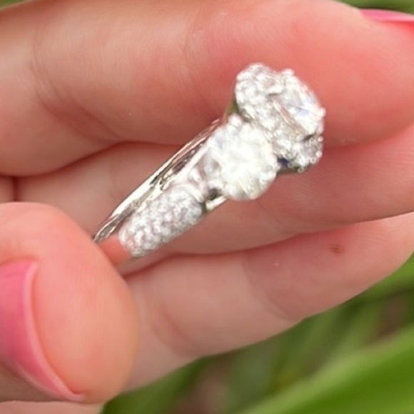 Three Stone Round Cut Moissanite Sterling Silver Wedding Halo Ring 3CT - Picture 9 of 9